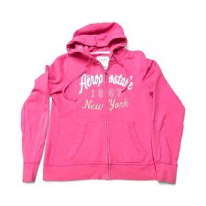 VTG Aeropostale NY Hoodie Women's L Pink Full Zip Embroidered Spellout Logo Y2K